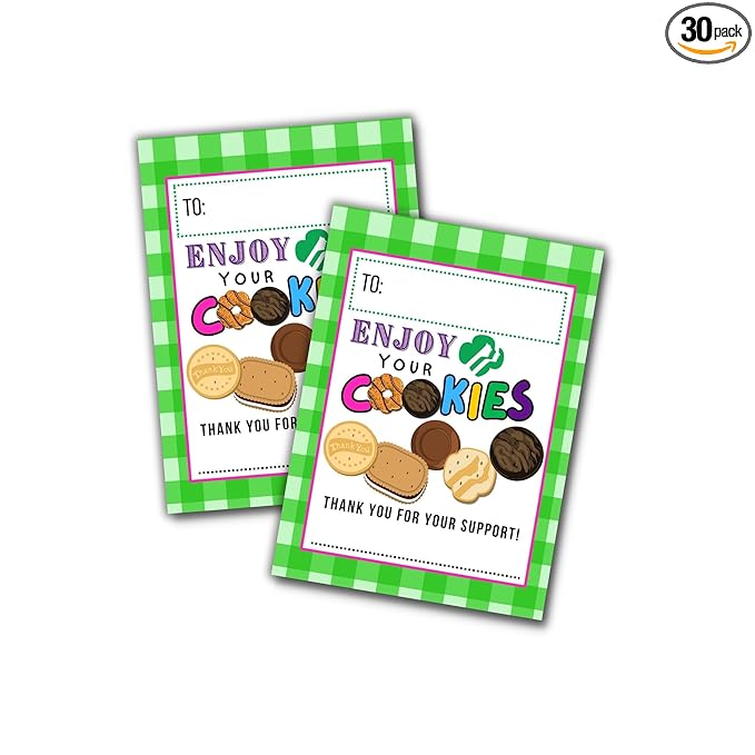 Scout Cookie Thank You Cards Re- Order | 30 pk 4.25 x 5.5” Postcards Green For Your Support Enjoy Your Cookies Troop Leader Box Tags