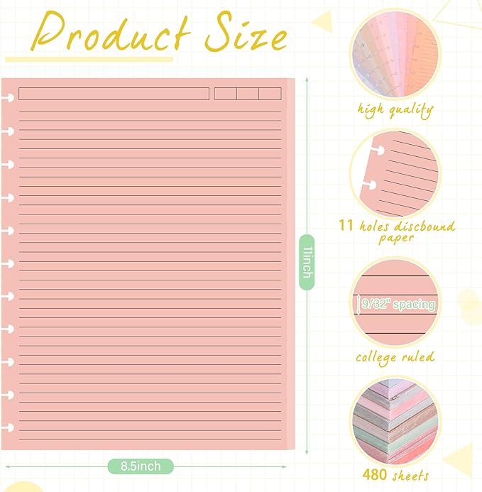PerKoop 12 Pack 480 Sheets Colored Discbound Refill Paper 8.5 x 11 Inch College Ruled 11 Disc Letter Size Lined Paper Multicolored Refill Notebooks Disc Paper for Refill Paper Journaling(Soft Color)