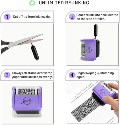 Miseyo Identity Theft Protection Roller Stamp Set - Purple (6 Refill Ink Incleded)