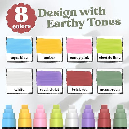 8 Chalkboard Chalk Markers (10mm Wide Nib) - Classic Earth Color Pens - For Blackboards, Chalkboard, Bistro, Window - Erasable Dry Erase Chalk Ink Pen, Window Markers for Cars