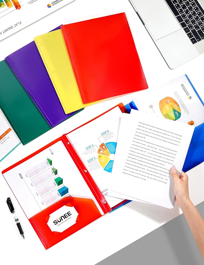 SUNEE 12-Pack Red Plastic Folders with Pockets and Prongs, Letter Size, 9 x 11.5 in