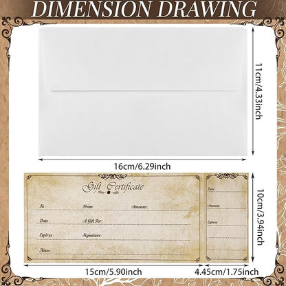 Sinmoe 50 Sets Gift Certificate for Business with 50 Pcs Envelopes Blank Gift Certificate Cards with Name and Address Rustic for Beauty Salon Restaurants Birthday(5.91 x 3.94 Inch, Vintage Style)