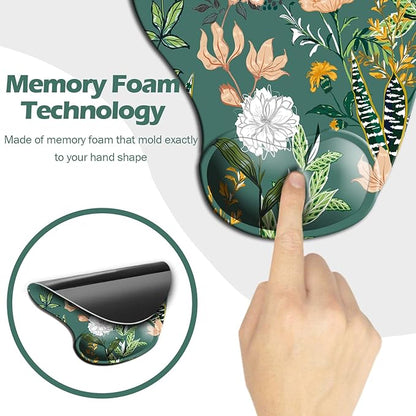 Dooke Ergonomic Mouse Pad with Wrist Support, Cute Mouse Pads with Non-Slip PU Base for Home Office Working Studying Easy Typing & Pain Relief Dark Green Floral
