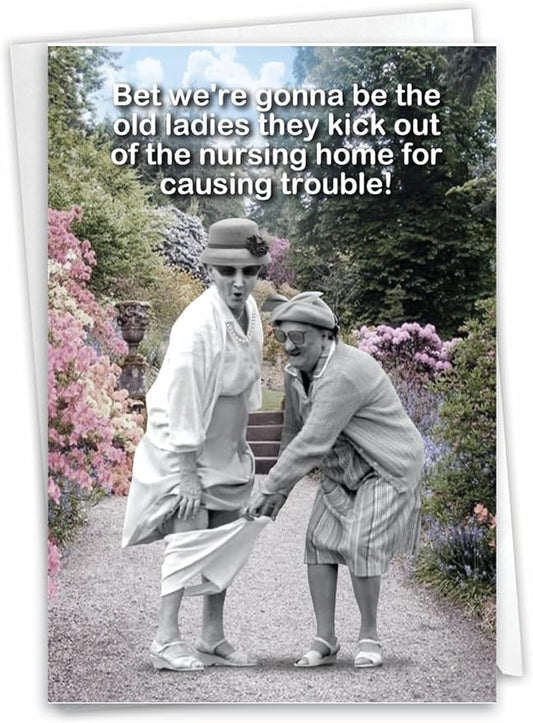 NobleWorks - 1 Funny Happy Birthday Greeting Card - Old Woman Humor, Notecard Talk Bubbles - Old Troublemakers C3567BDG