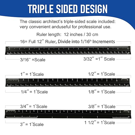 Architectural Scale Ruler for Blueprint, 12'' Metric Metal Engineers Triangle Drafting Ruler with Imperial Measurements for Architects Engineering, Artists, Draftsman Drawing, Laser-Etched Markings