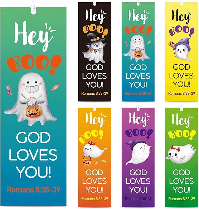 60 Pcs Halloween Bookmark Hey Boo God Loves You Bookmark Romans 8: 38-39 Ghost Christian Bookmarks VBS Exchange Gifts for Kids Adult Church School Classroom Prizes Party Favors