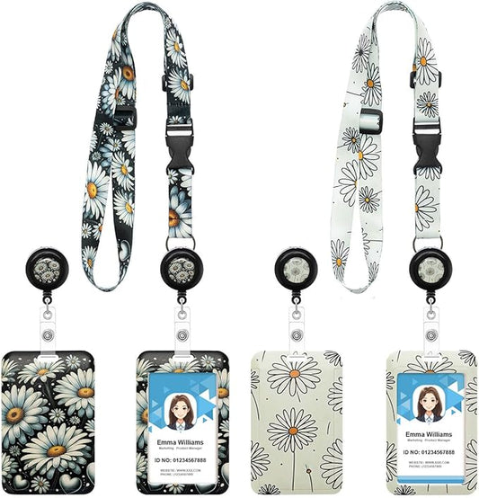 2 Pack Daisy Lanyards Badge Holder, Adjustable Lanyard with Retractable Badge Reel, Cute ID Badge Holder for Teachers, Nurses, Students, Office Staff & Cruise Essentials