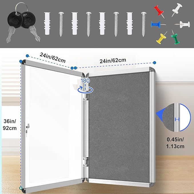 Magula 36"x24" Enclosed Bulletin Board Tamper-Proof Dispaly Case, Aluminium Frame, Shatter Resistant Lockable Bulletin Board, Lockable Noticeboard