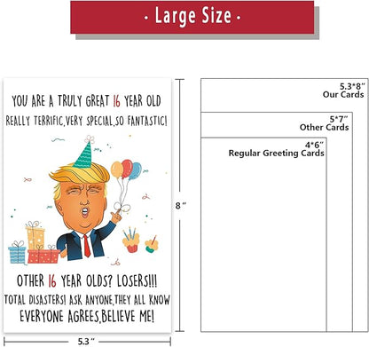 Funny Trump 16th Birthday Card for Him Her, Humorous Donald 16th Birthday Card Gift for Son Daughter, 16 Year Old Birthday Decoration for Niece Nephew