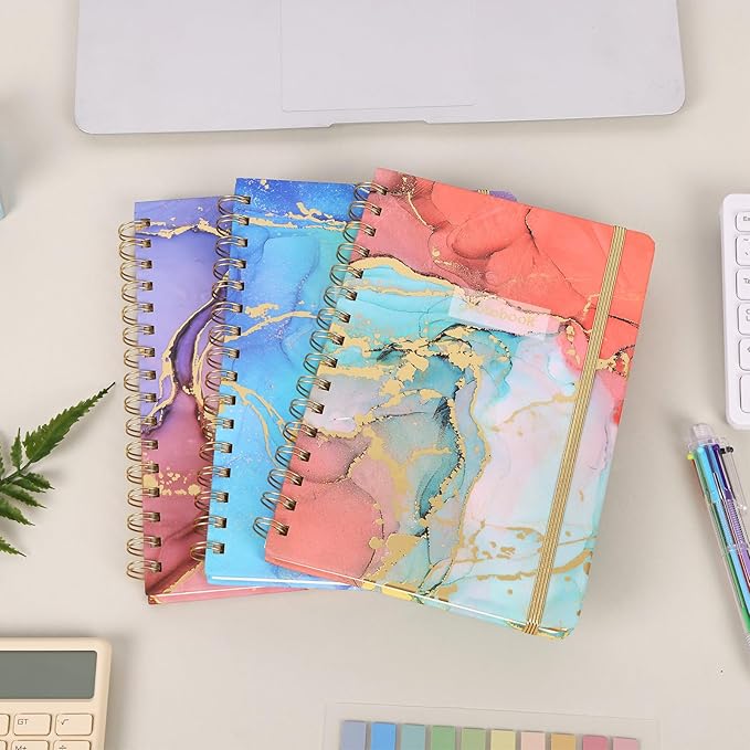 LABUK 3 Pack A5 Spiral Notebook for Women, 160Pages Hardcover Journaling Notebook with Back Pocket, Suitable for School, Office, Home