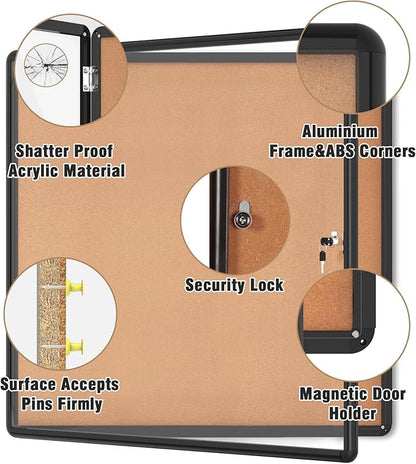38"x38" Enclosed Bulletin Board, Lockable Weather-Resistant Aluminum Cork Noticeboard for School & Office, Black Frame w/Cork