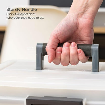 IRIS USA File Box WeatherPro Portable File Organizer Plastic File Box for Letter File w/ Organizer-Lid, Durable Lid and Seal w/ Secure Latching Buckles, Stackable and Nestable, Pearl 19 Qt. 1 Pack