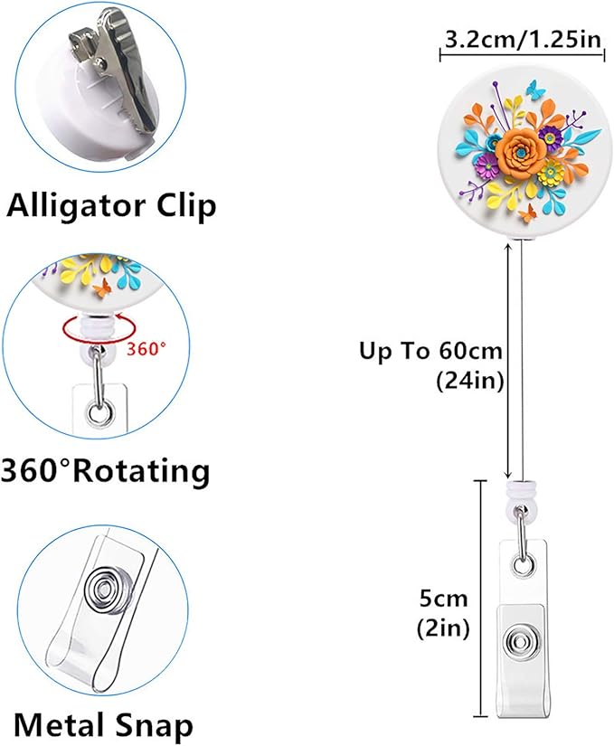 Retractable ID Badge Holder Nurse Badge Reels with Clip Name Card Holders for Office Worker Doctor Nurse 3Pack Pretty Flowers
