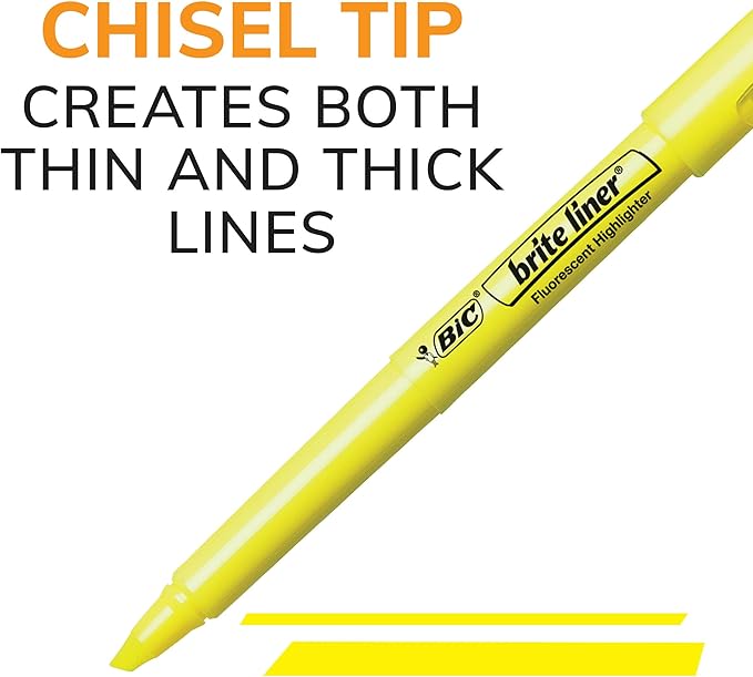 BIC Brite Liner Yellow Highlighters, Chisel Tip, 12-Count Pack of Yellow Highlighters, Ideal Highlighter Set for Organizing and Coloring