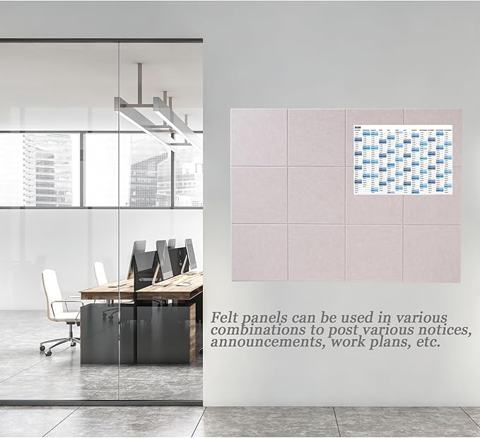 LAJAR Large Felt Wall Tiles, 12 Pack Cork Board Alternative with Removable Adhesive Tabs, Bulletin Pin Boards for Office, School and Home (Light Camel)