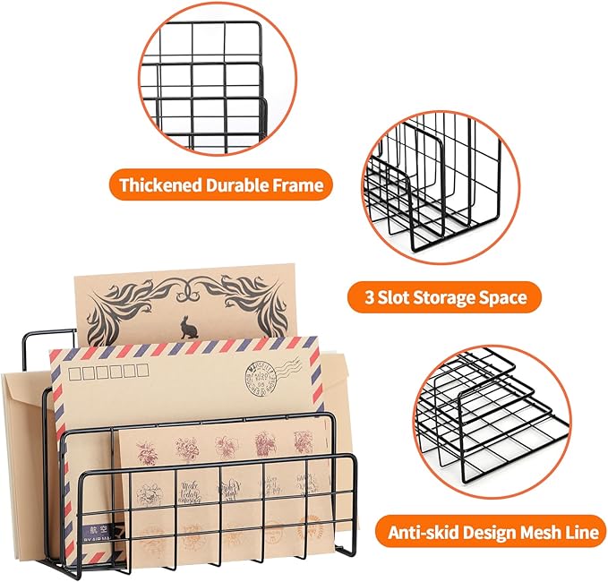 2 Pieces Desk Mail Organizer, Metal Mesh Small File Holders Letter Organizer, Bill/Document/Filing/Folders/Paper Organizer for Desktop (Metal-Black)