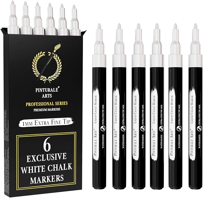 6 Extra Fine Tip White Chalk Markers | 1mm Tip | For Windows, Blackboard, Dry Erase Board, Chalkboards, Glass, Easy Erase | White Chalk Pens Fine Tip