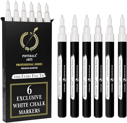 6 Extra Fine Tip White Chalk Markers | 1mm Tip | For Windows, Blackboard, Dry Erase Board, Chalkboards, Glass, Easy Erase | White Chalk Pens Fine Tip