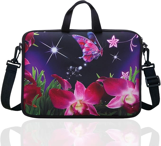 14 Inch Neoprene Laptop Sleeve Case Bag with shoulder strap For 14" Notebook/MacBook/Ultrabook/Chromebook (Pink flower)