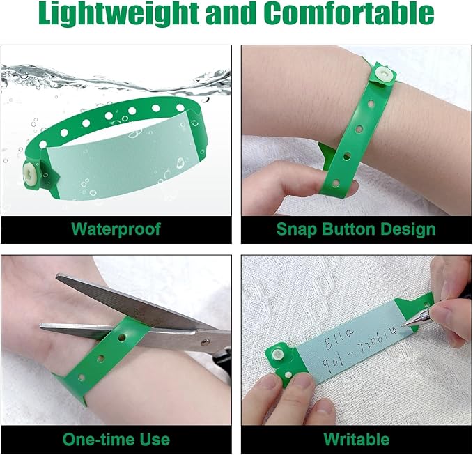 100pcs Vinyl Wristbands Hospital Identification Bands,Waterproof Adjustable Medical Wristband,Disposable Snap Wristband for Hospital (Color : Green)