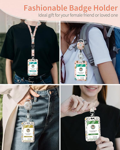 Uniclife 2 Pack Floral Sliding Badge Holder Flower Plastic Case with Retractable Badge Reel Carabiner Clip and Detachable Lanyard Strap Hard Vertical Card Protector for Women Nurse Teacher
