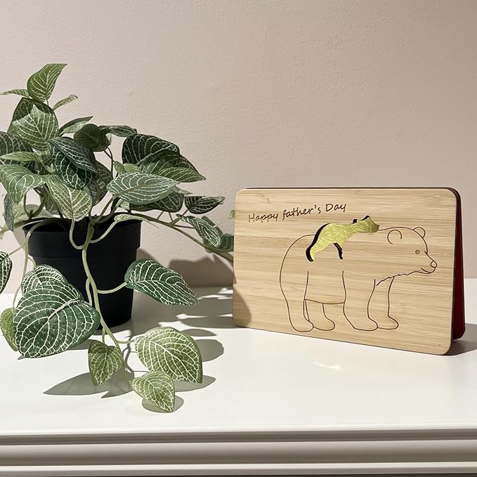 Fathers Day Cards,Handmade Bamboo Greeting Cards,Wooden Thankyou Card,Father's day Card for Dad,Bear dad