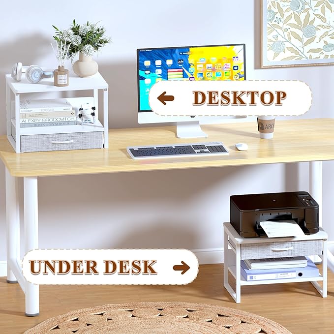 MARTY Printer Stand with Storage Drawer for Desk, 2-Tier Desktop Printer Stand Shelf Organzier for Home Office Printer Riser Under Desk Small Printer Table for Fax Machine Copier Scanner (White)