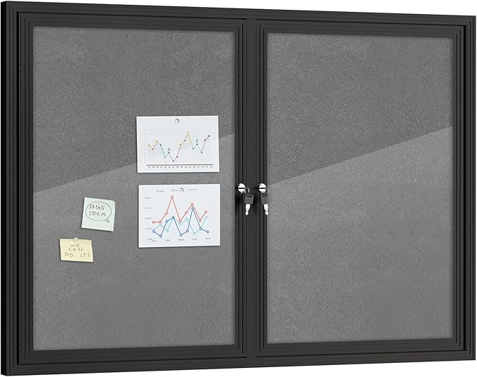 48"x34" Enclosed Bulletin Board, Outdoor Lockable Weather-Resistant Aluminum Cork Noticeboard for School & Office, Black Frame w/Grey Flet