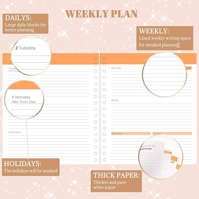 2025 Hardcover Planner Weekly and Monthly, Dec 2024–Dec 2025, Large Spiral Bound Planners 2025 for Women Gifts, 8.3" x 9.3",13 Month Calendar with 13 Tabs, 3 Sticker Sheets, Gold