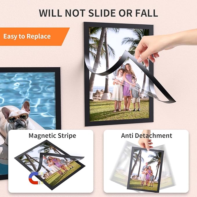 8Pack Magnetic Sign Holder 8.5 x 11 Wall Mount, Self Adhesive Display Magnetic Picture Frames Sheet With Strong Magnet Border for Window/Door/Fridge, Document Poster Paper Holders for Home Office Store, Black