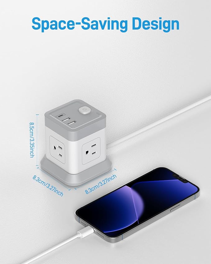 BEVA Power Strip with USB - 5ft Long Extension Cord Desktop Charging Station, Power Strip Cube with 4 Outlets and 3 USB Ports, Overload Protection, Compact for Travel, Cruise Ship, Office, Dorm Room