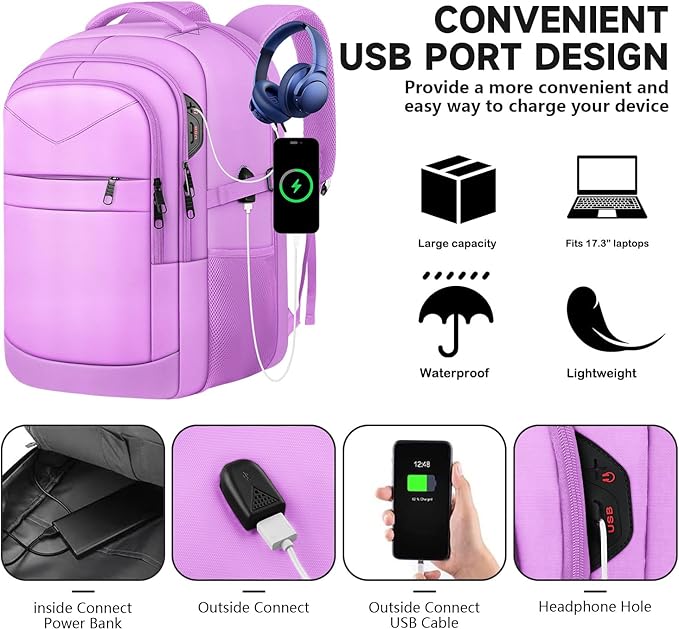 Lapsouno Large Laptop Backpack, Travel Laptop Backpack, 17.3 Inch Carry on Backpack with USB Port, TSA Travel Bag for Women,College School Backpack for Women,Light Purple