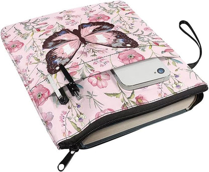 COEQINE Pink Butterfly Book Sleeve with Zipper Portable 9x11 Inch Portable Book Covers Hardcover Paperback Book Lovers with Front Pocket