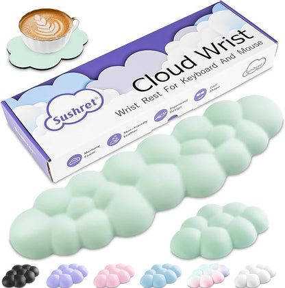 Cloud Wrist Rest Keyboard, Cloud Palm Rest Set with PU Leather Memory Foam, Cute Keyboard Rest for Wrist Support and Arm Rest, Desk Cloud Wrist Pad for PC/Gaming/Laptop/Computer-Light Green