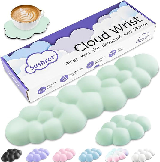 Cloud Wrist Rest Keyboard, Cloud Palm Rest Set with PU Leather Memory Foam, Cute Keyboard Rest for Wrist Support and Arm Rest, Desk Cloud Wrist Pad for PC/Gaming/Laptop/Computer-Light Green