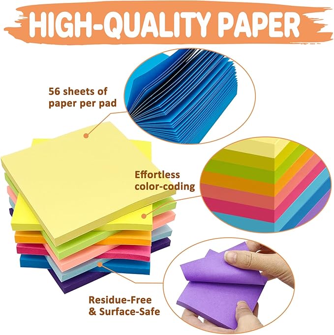(9 Pack) Sticky Notes 3x3 Inches Colorful Sticky Notes，Super Sticking Power Bright Colors Self-Stick Pads，Easy to Post for School Supplies and Office Products，56 Sheets/Pad,504Sheets
