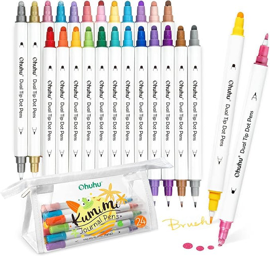 Ohuhu Journal Pens 24 Colors Dot Markers Pens Dual Tips (Calligraphy Brush & Dot) for Adults Water-based Metallic & Regular Colors Dot Pens for Lettering Journal Scrapbooking Coloring Markers - Kumimi