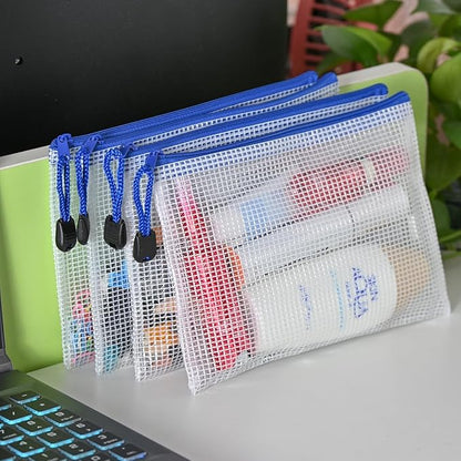 AUSTARK 10 Pcs Zipper File Bags, Waterproof Plastic Mesh Pouch for Office School, Board Game Storage Bags (B6 Size 7.6''x5.3'', White and Blue)