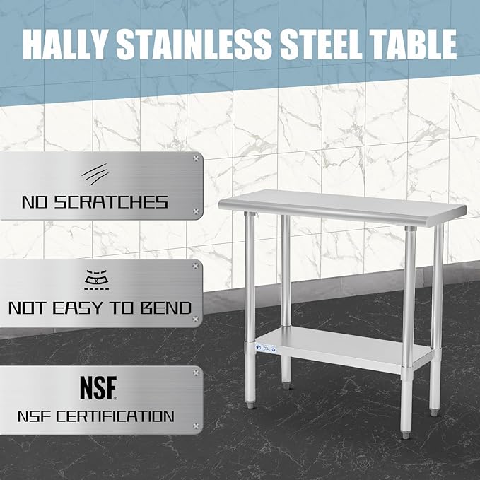 Hally Stainless Steel Table for Prep & Work 18 x 36 Inches, NSF Commercial Heavy Duty Table with Undershelf and Galvanized Legs for Restaurant, Home and Hotel