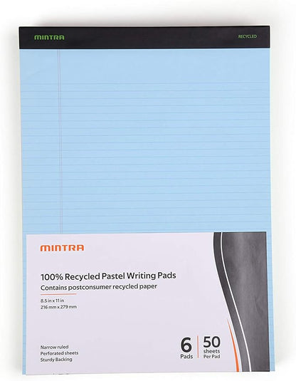 Mintra Office Recycled Writing Pads 6pk (Pastel, Narrow Ruled (8.5in x 11in)) - 50 Sheets per Notepad, Micro perforated, Legal Pad, Notebook Paper for School, College, Office, Business