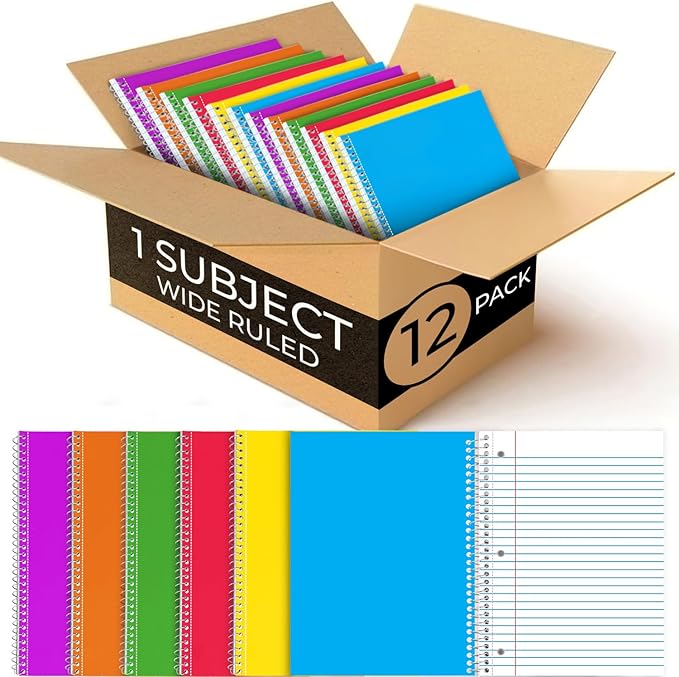 1 Subject Spiral Notebook, 12 Pack, Wide Ruled, Water Resistant Cover, Thick 140 Pages/Book (70 Sheets), 8 x 10-1/2, 3 Hole, Assorted Colors, Bulk School & Office