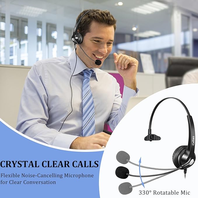 Callez RJ9 Phone Headset for Office Phones Wired Telephone Headset with Microphone Noise Cancelling Compatible with Polycom VVX411 VVX311 VVX410 Avaya 1416 1408 Plantronics S12 Mitel 6920 NEC Aastra