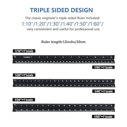 Architectural&Engineering Triangular Scale Ruler, 12 Inch Architectural Scale Ruler Set, Laser-Etched Aluminum with Stainless Steel Ruler for Architects, Students, Draftsman, Engineers (3 PCS)