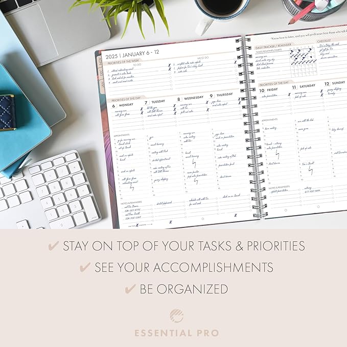 Essential PRO 2025 Daily, Weekly & Monthly Planner, 8.5"x11": 14 Months (Nov 2024 - Dec 2025) Monthly Tabs,Daily Tracking,Notes Pages,Storage Pocket,Bookmark w Sticky Notes (Pastel Peacock)