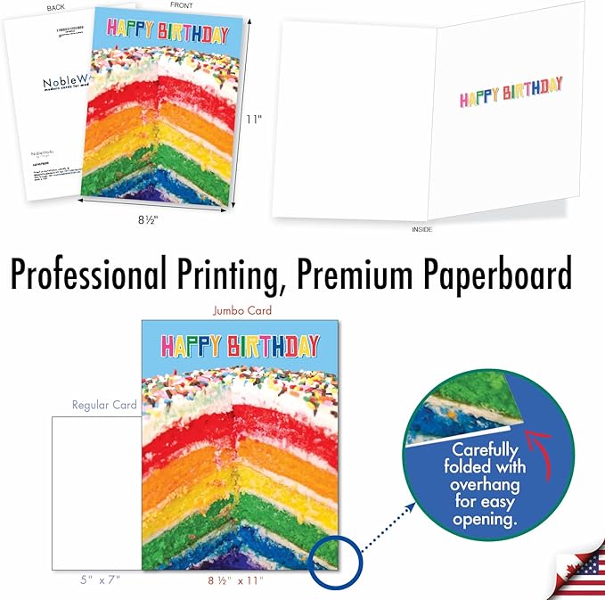 The Best Card Company - 1 Large Birthday Card with Envelope (8.5 x 11 Inch) - Fun Celebration Card for Birthdays - Rainbow Cakes J6565FBDG