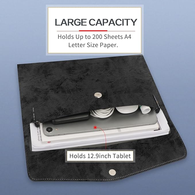 Toplive Document File Folder, Waterproof Thin PU Leather A4 Envelope Folder File Document Organizer Storage Case, Filing Envelope Folder with Magnetic Closure, Ash Black