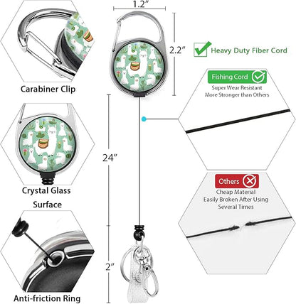 Cute Alpaca&Cactus Lanyards Detachable for Id Badges, Green Plants Retractable ID Badge Holder, Fashionable Badge Reel Heavy Duty with 360 Degrees Rotate Carabiner Clip, Nurse Teacher Office Gifts