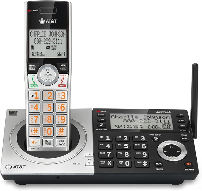 AT&T CL83107 DECT 6.0 Cordless Phone for Home with Dual Keypad Base, Answering Machine, Call Blocking, Caller ID Announcer, Intercom and Long Range, Silver/Black