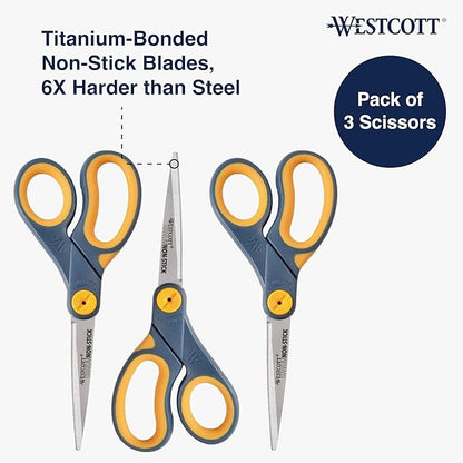 Westcott 8" Titanium-Bonded Non-Stick Scissors For Office & Home, Gray/Yellow, 3 Pack (15454)