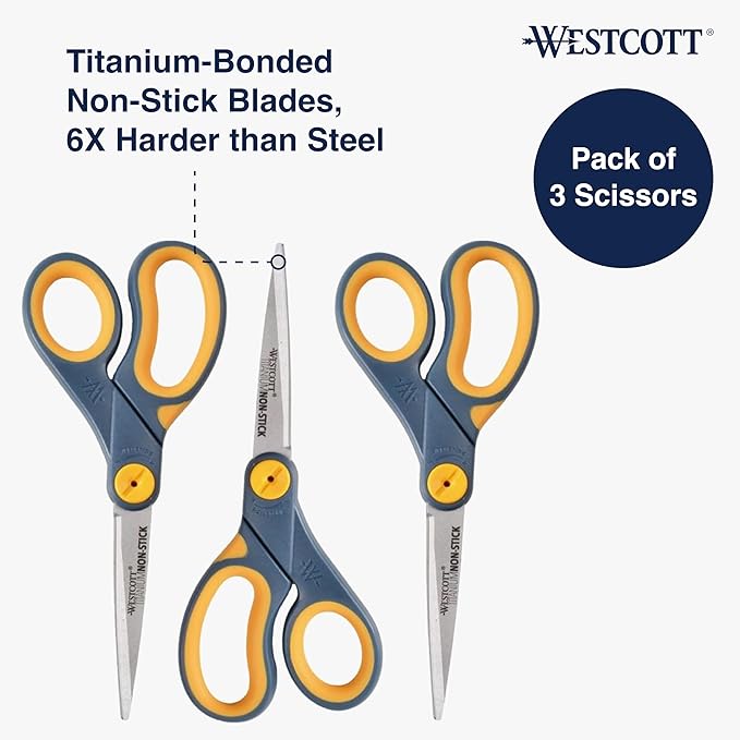 Westcott 8" Titanium-Bonded Non-Stick Scissors For Office & Home, Gray/Yellow, 3 Pack (15454)